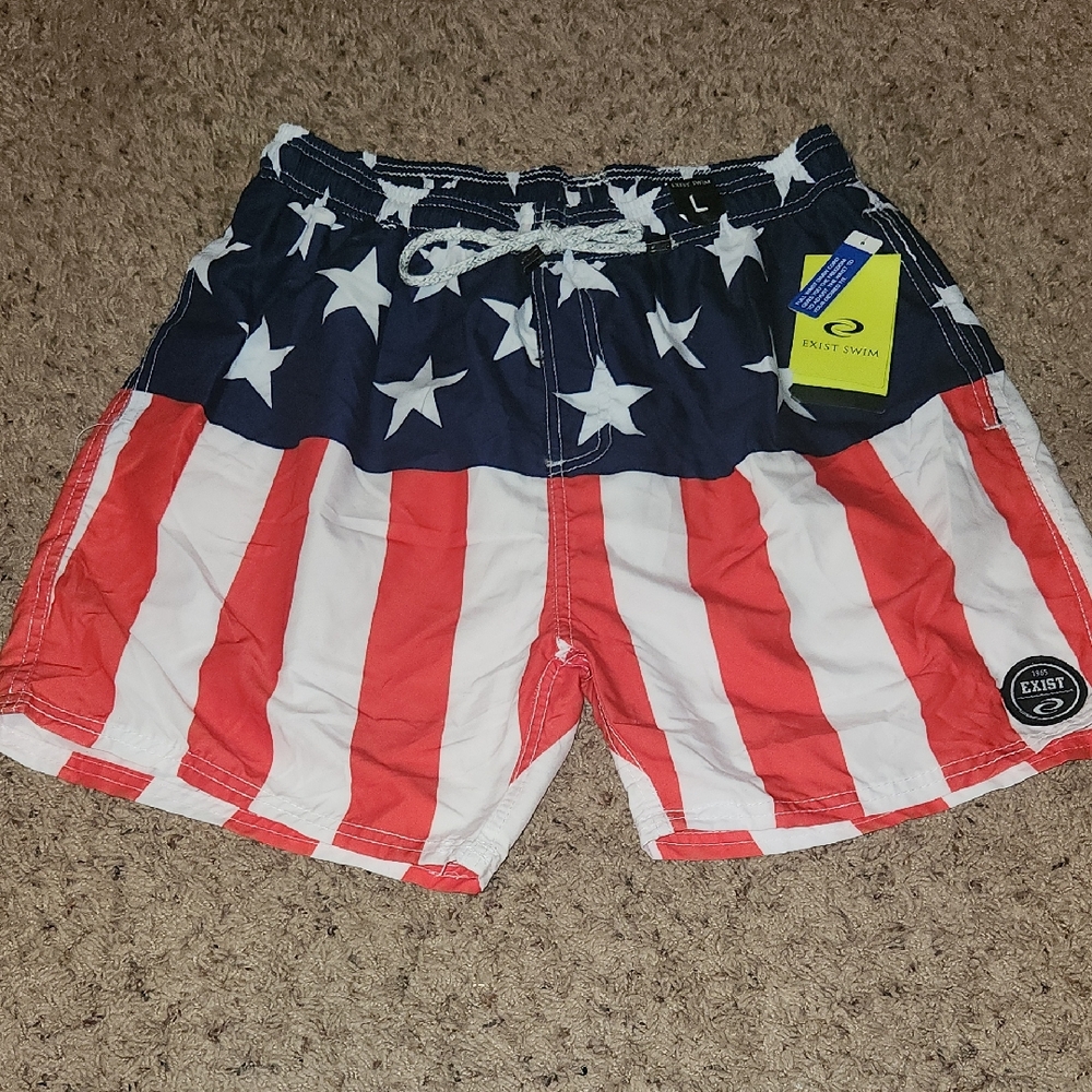 NWT- Exist Swim -  Men's American Flag Swim Shorts- Sz Large